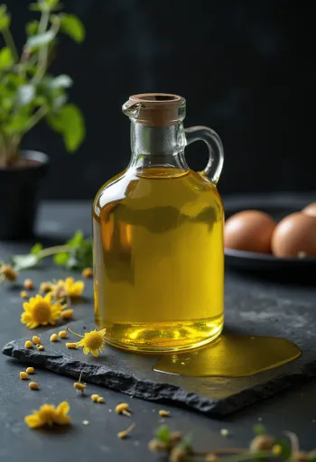 Küçük cam kasede soğuk sıkım kanola yağı, yanında tohumlar ve sarı çiçek yaprağı