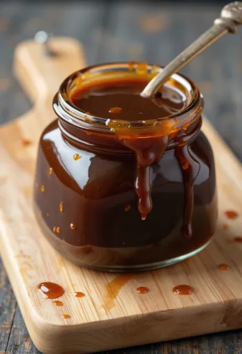 Seramik kasede koyu renkli Hoisin sos, etrafında soya fasulyesi, sarımsak, baharatlar ve susam yağı