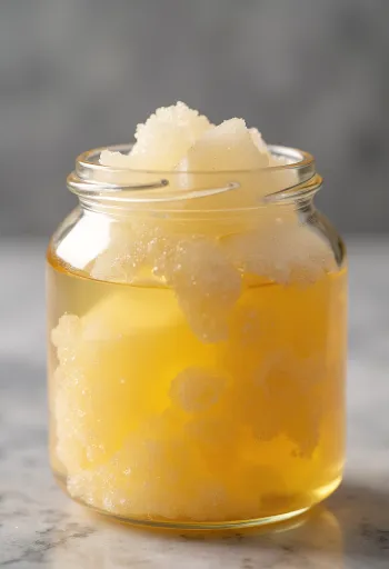 Küçük bir cam şişede invert şeker şurubu ve kaşıktan süzülen şurup