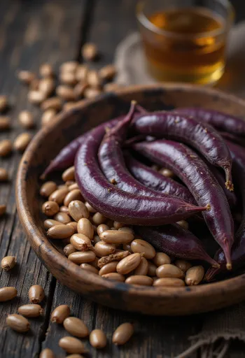 Doğal renk ve dokularıyla kurutulmuş sümbül fasulyesi (lablab) taneleri