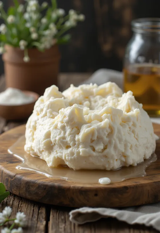 Ahşap kesme tahtasında dilimlenmiş taze koyun sütü gomolya peyniri