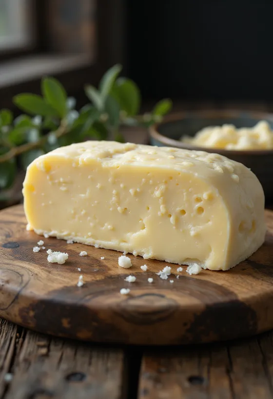 Küçük bir kasede kremsi koyun tereyağı, rustik ahşap zemin üzerinde