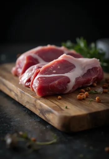 Rustik ahşap yüzeyde baharatlarla taze ördek eti parçaları