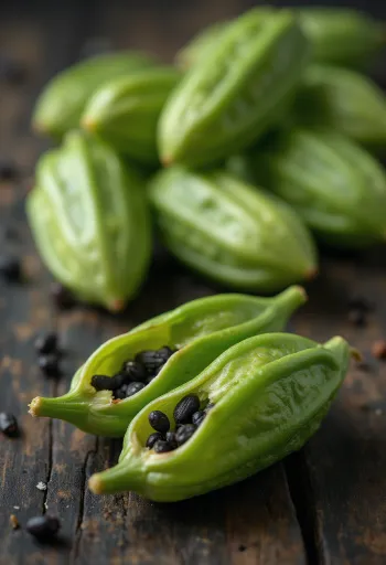 Doğal formunda yeşil kakule kapsülleri ve açılmış tohumları ahşap zeminde