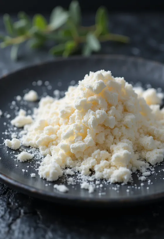 Karragenan tozu küçük şişede ve kaşıkta, açık renkli zeminde