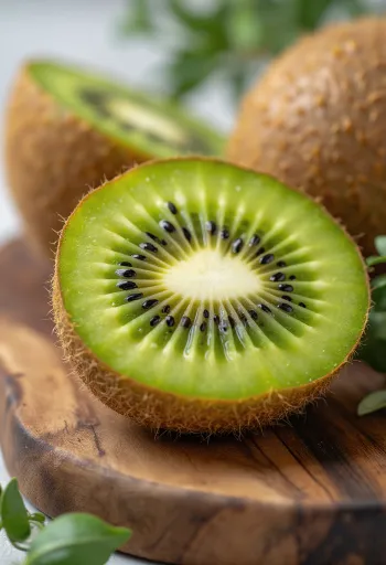 Kasede ve masada dilimlenmiş ve bütün taze kivi, yanında kivi suyu