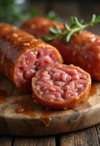 Ahşap kesme tahtasında dilimlenmiş baharatlı kuru sosis/sucuk, mermerimsi yağ dokusuyla