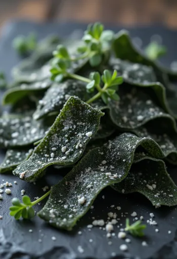 Ahşap yüzeyde kurutulmuş kombu yaprakları ve suda bekletilmiş bir parça