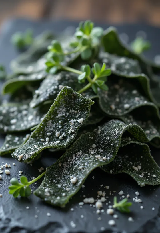 Ahşap yüzeyde kurutulmuş kombu yaprakları ve suda bekletilmiş bir parça