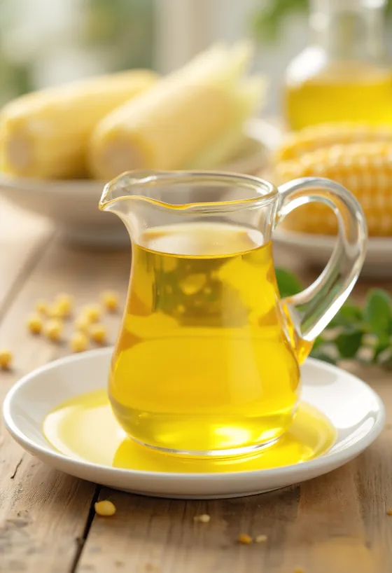 Cam şişede mısır özü yağı, yanında mısır taneleri ve irmiği