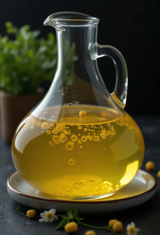 Küçük cam kasede mısır özü yağı, yanında mısır taneleri ve rüşeym