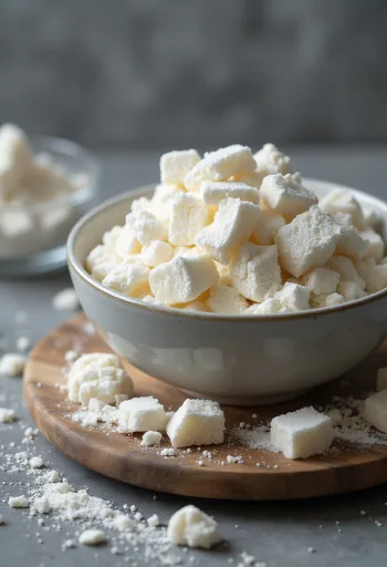 Seramik kasede ve tahta kaşıkta kuzu nişastası tozu, yanında kök dilimleri