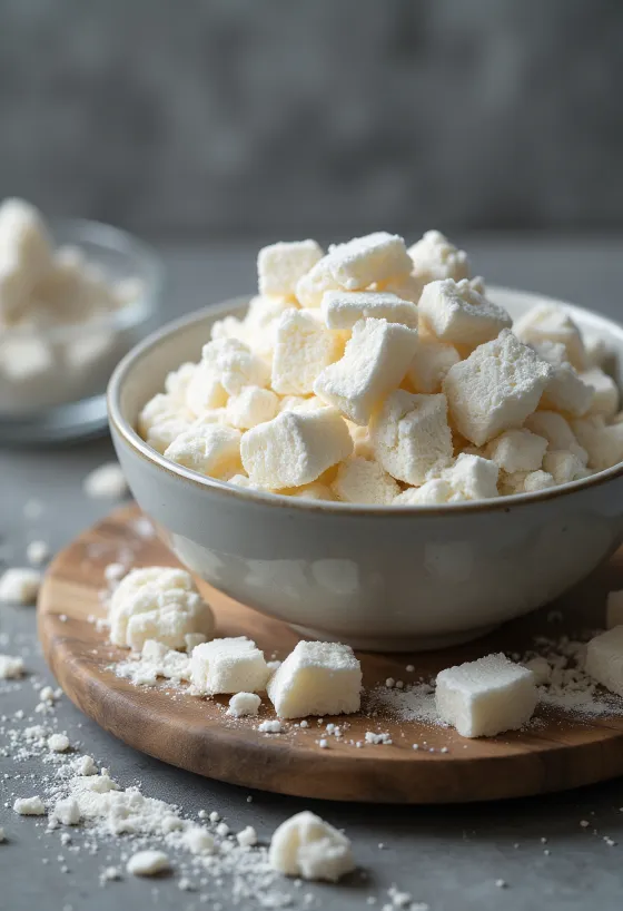 Seramik kasede ve tahta kaşıkta kuzu nişastası tozu, yanında kök dilimleri