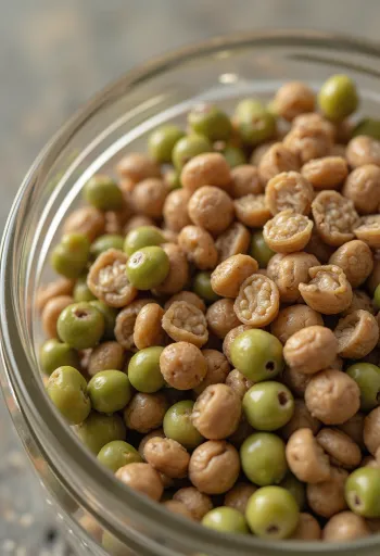 Ahşap masada seramik kaselerde farklı renklerde mercimek çeşitleri