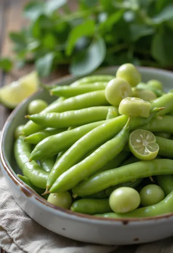 Rustik yüzeyde taze bakla kabukları ve ayıklanmış iç bakla