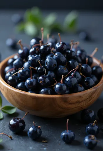 Koyu mor renkte taze maqui meyveleri, bir kısmı kesilmiş, çiğ halde