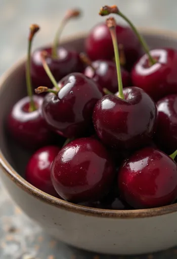 Ahşap masada vişne reçeli ile birlikte bütün ve yarım kesilmiş taze vişneler