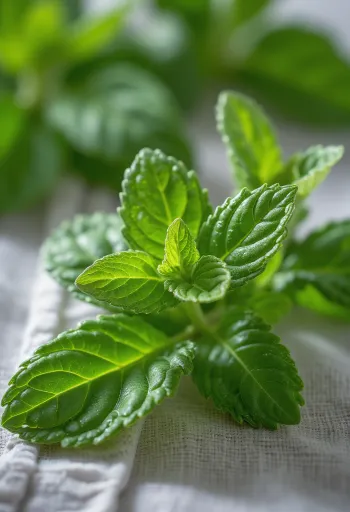 Seramik kasede doğranmış nane yaprakları, etrafında taze nane yaprakları ile