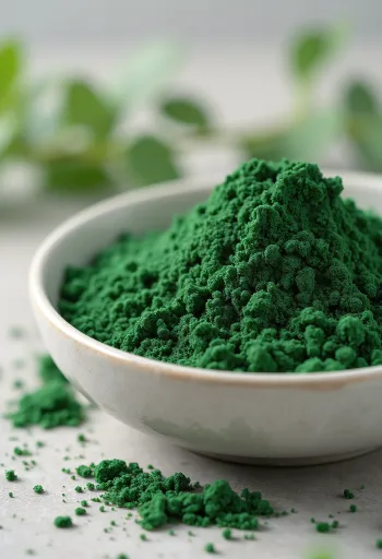 Küçük kavanozda koyu yeşil Chlorella tozu ve çevresinde tabletler