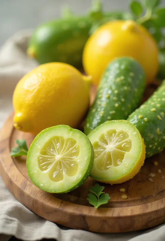 Taze sebzeler arasında kesme tahtasında limon salatalığı dilimleri