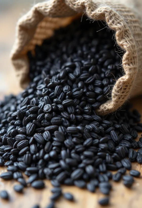 Küçük cam kavanozda siyah pirinç ve etrafında dökülmüş pirinç taneleri