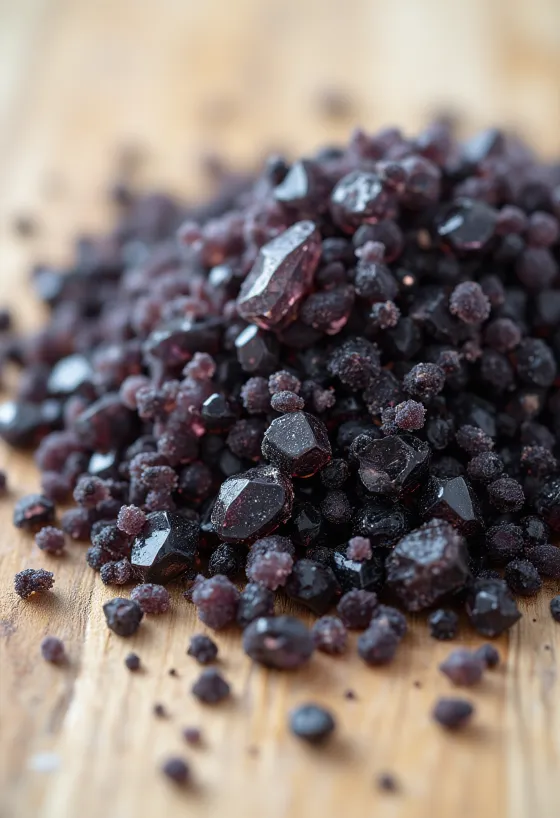 Küçük cam kavanozda siyah tuz, etrafında tuz kristalleri ve tahta kaşık