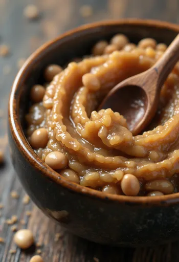 Kavanozda fermente soya (miso/natto) ve etrafında soya fasulyeleri