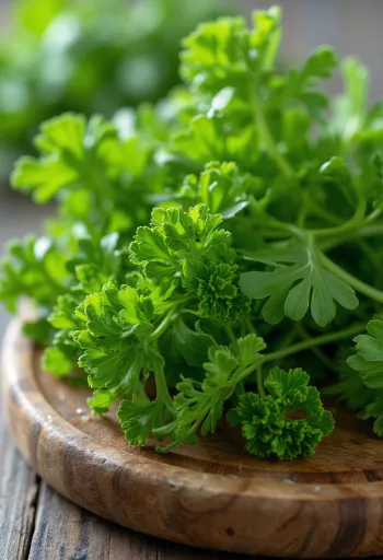 Kesme tahtasında taze, yeşil kıvırcık maydanoz yaprakları