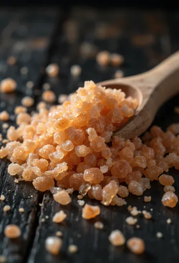 Kavanozda kahverengi tütsülenmiş tuz ve yanında ahşap kaşık