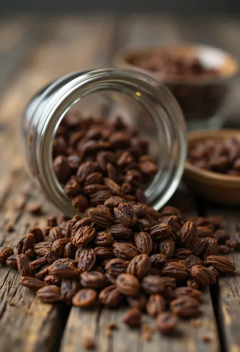 Kesme tahtasında koyu renkli kavrulmuş çavdar taneleri