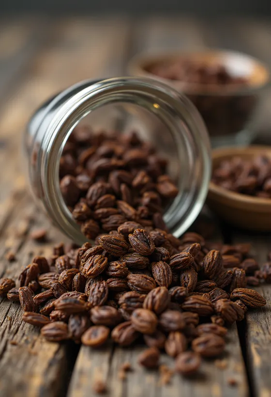 Kesme tahtasında koyu renkli kavrulmuş çavdar taneleri