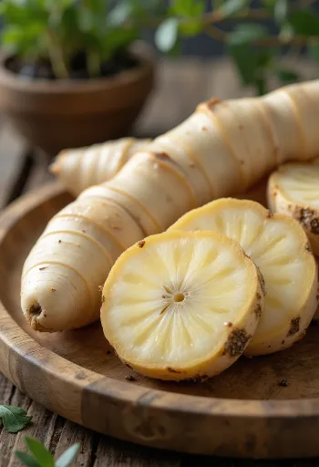 Ahşap mutfak tezgahında taze havlıcan (galangal) kökü