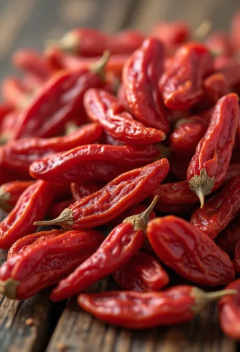 Küçük bir kavanozda parlak kırmızı goji berry meyveleri ve etrafında kurutulmuş taneler