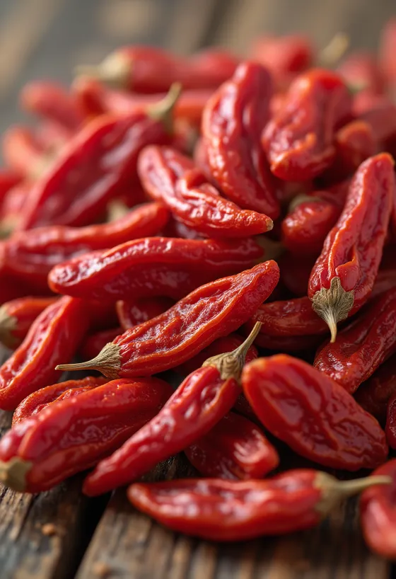 Küçük bir kavanozda parlak kırmızı goji berry meyveleri ve etrafında kurutulmuş taneler