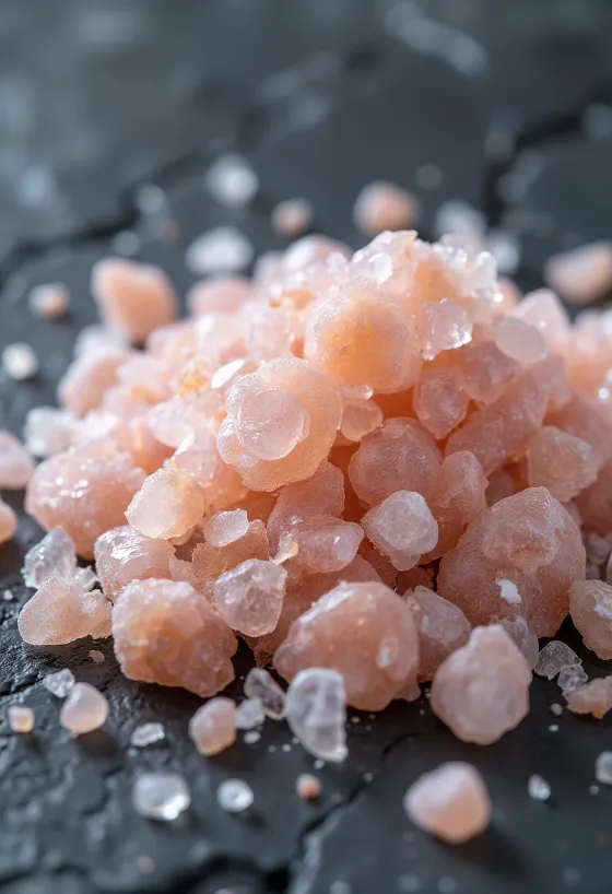 Küçük bir kavanozda pembe Himalaya tuzu kristalleri ve etrafında tuz parçaları