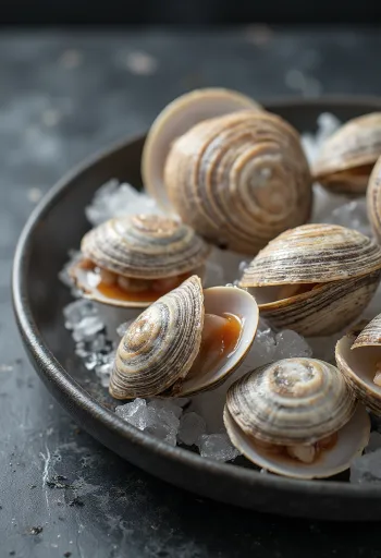 Kesme tahtası üzerinde çiğ Cherrystone midyesi eti