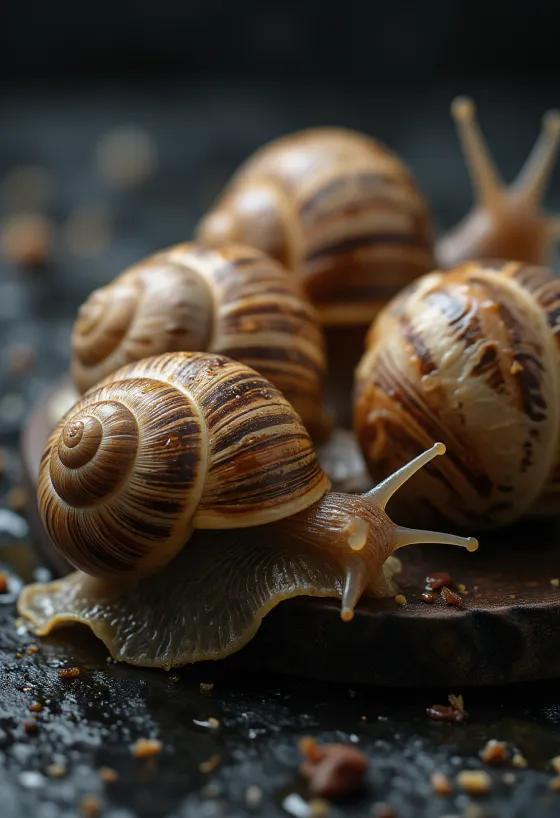 Tabakta zarifçe dilimlenmiş ve servis edilmiş taze salyangoz eti