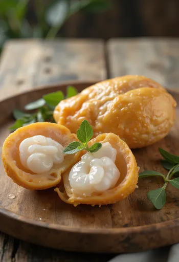 Kesme tahtası üzerinde dilimlenmiş langsat meyveleri