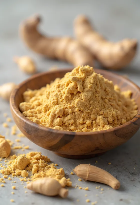 Küçük cam şişede toprak rengi maca tozu ve taze maca kökleri