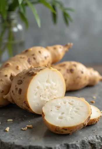Kesme tahtasında dilimlenmiş manyok (cassava) kökleri ve taze sebzeler