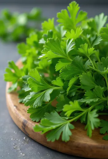 Kesme tahtasında yeşil yapraklı taze maydanoz