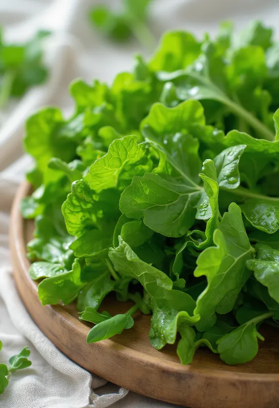 Üzerinde su damlacıkları olan taze hardal otu yaprakları, ahşap zeminde