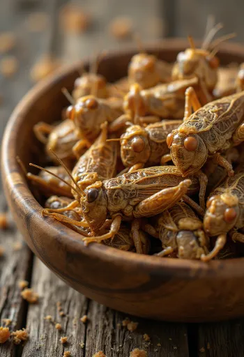 Tabakta sunulan, tüketime hazır hale getirilmiş çekirge eti