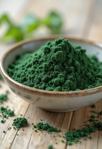 Küçük cam kavanozda koyu yeşil spirulina tozu ve yanında tabletleri