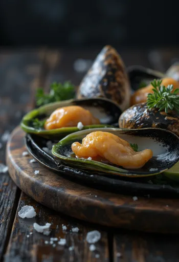 Kesme tahtası üzerinde çiğ Yeşil Dudaklı Midye eti