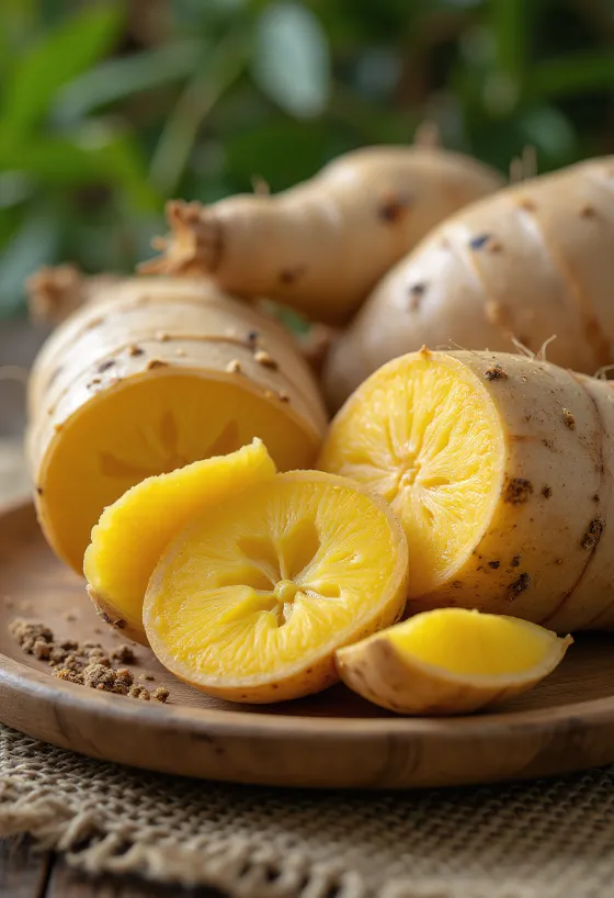 Kesme tahtasında Arracacha kökü dilimleri