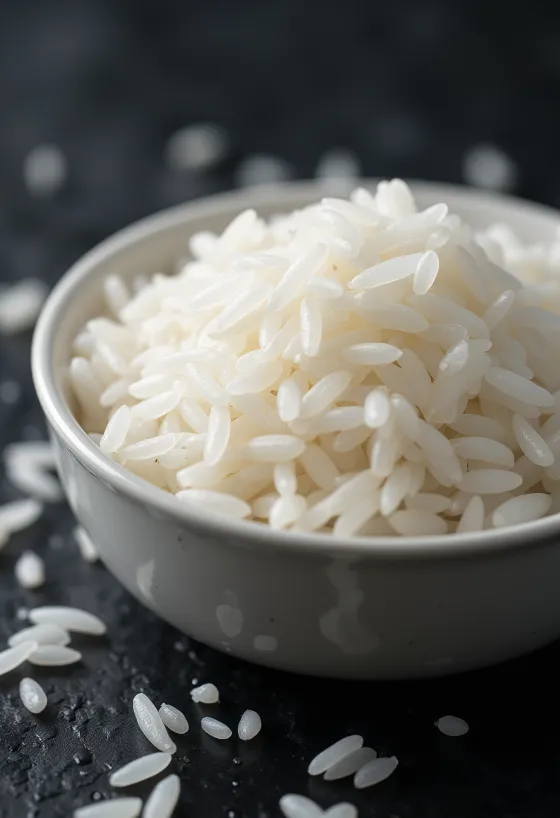 Tane tane ve uzun yapılı taze pişmiş yasemin pirinci