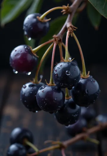 Canlı kırmızı renkte, hafif buruşuk yüzeyli üvez meyveleri