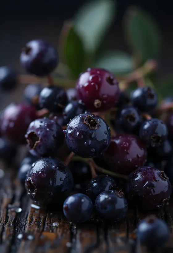 Parlak koyu mor renkli taze kara mürver meyveleri