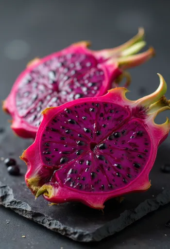 Canlı fuşya renkli eti ve siyah çekirdekleriyle Kırmızı Etli Ejder Meyvesi (Pitaya)